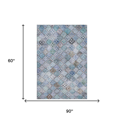 5' X 8' Blue Copper And Silver Geometric Washable Area Rug With UV Protection