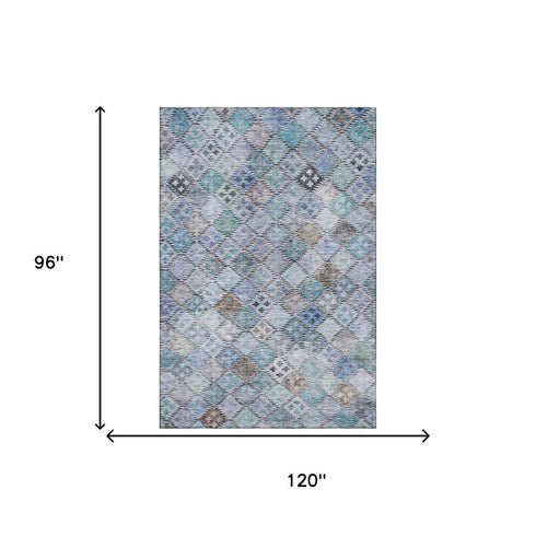 8' X 10' Blue Copper And Silver Geometric Washable Area Rug With UV Protection