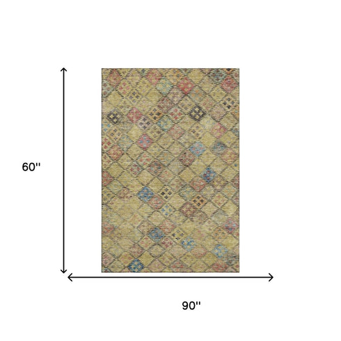 5' X 8' Gold Blue And Copper Geometric Washable Area Rug With UV Protection
