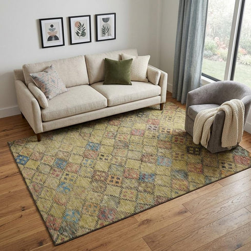5' X 8' Gold Blue And Copper Geometric Washable Area Rug With UV Protection