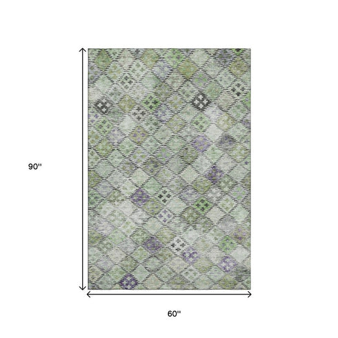5' X 8' Green Purple And Gray Geometric Washable Area Rug With UV Protection