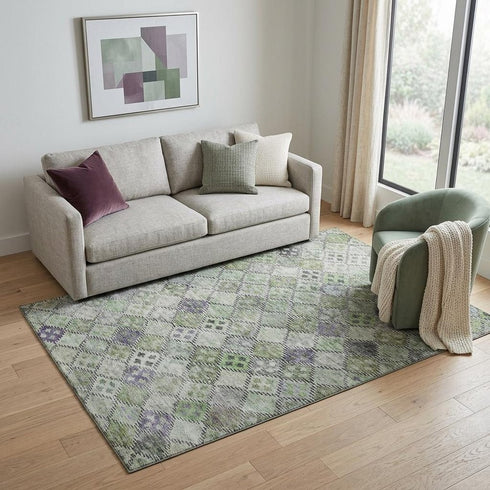 5' X 8' Green Purple And Gray Geometric Washable Area Rug With UV Protection