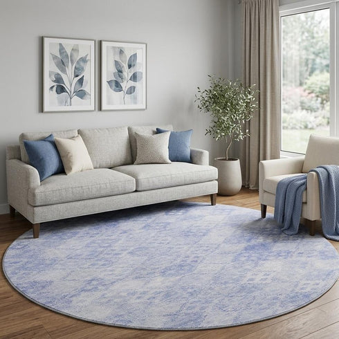 8' Sky Blue And Ivory Geometric Washable Round Rug With UV Protection
