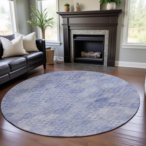 8' Sky Blue And Ivory Geometric Washable Round Rug With UV Protection