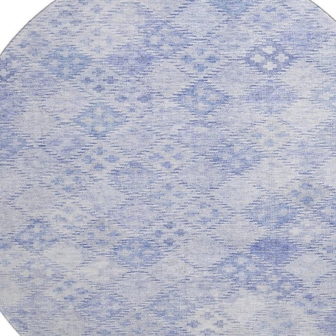 8' Sky Blue And Ivory Geometric Washable Round Rug With UV Protection