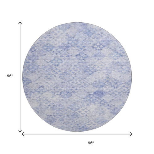8' Sky Blue And Ivory Geometric Washable Round Rug With UV Protection