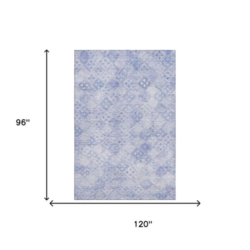 8' X 10' Sky Blue And Ivory Geometric Washable Area Rug With UV Protection