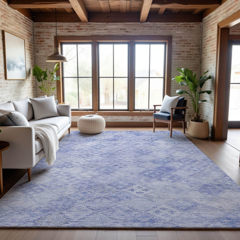 8' X 10' Sky Blue And Ivory Geometric Washable Area Rug With UV Protection