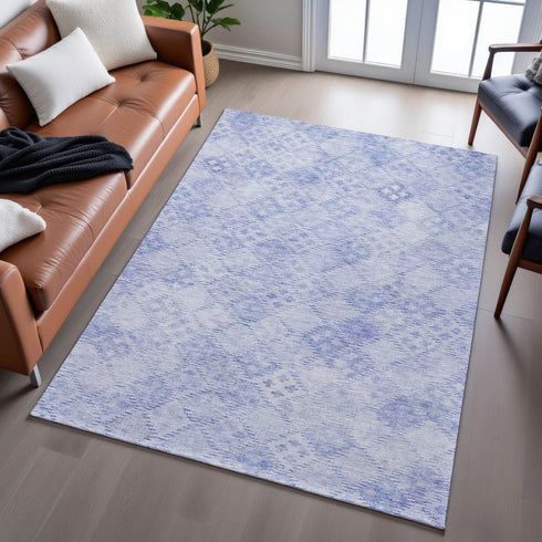 8' X 10' Sky Blue And Ivory Geometric Washable Area Rug With UV Protection