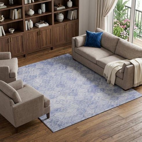 8' X 10' Sky Blue And Ivory Geometric Washable Area Rug With UV Protection