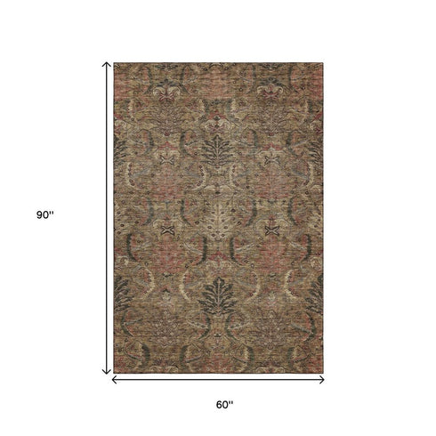 5' X 8' Brown And Gray Damask Washable Area Rug With UV Protection