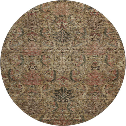 8' Brown And Gray Damask Washable Round Rug With UV Protection