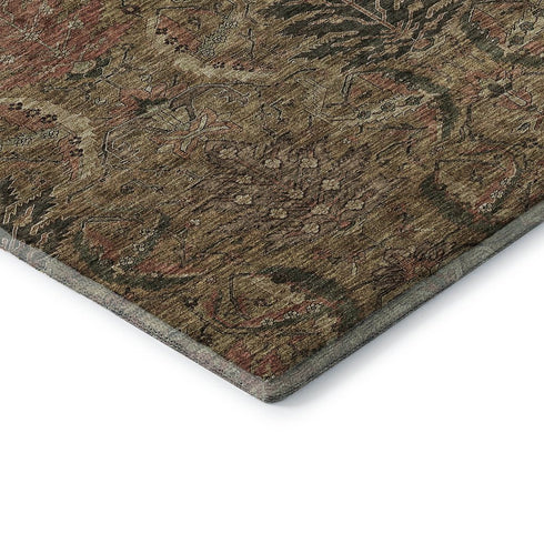 8' Brown And Gray Damask Washable Round Rug With UV Protection