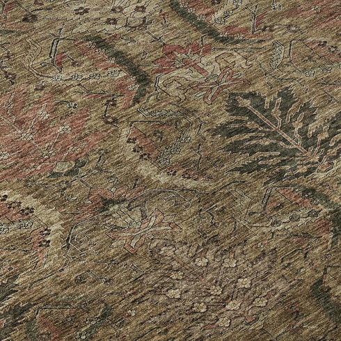 8' Brown And Gray Damask Washable Round Rug With UV Protection