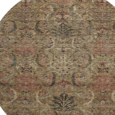 8' Brown And Gray Damask Washable Round Rug With UV Protection