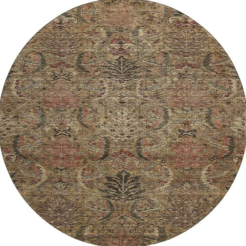 8' Brown And Gray Damask Washable Round Rug With UV Protection