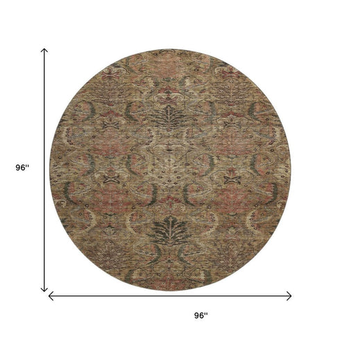 8' Brown And Gray Damask Washable Round Rug With UV Protection