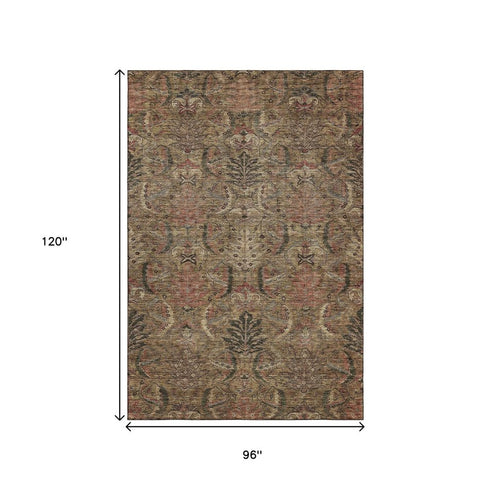 8' X 10' Brown And Gray Damask Washable Area Rug With UV Protection