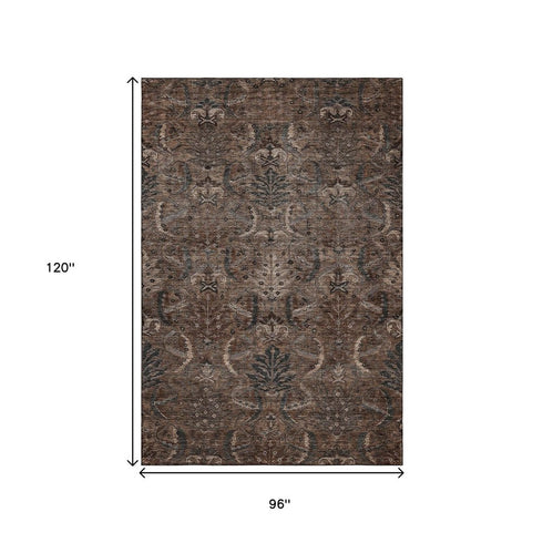 8' X 10' Chocolate And Gray Damask Washable Area Rug With UV Protection