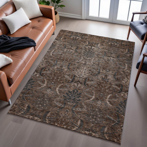 8' X 10' Chocolate And Gray Damask Washable Area Rug With UV Protection