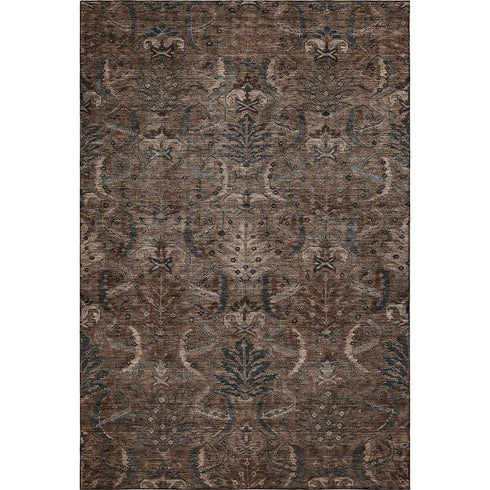 8' X 10' Chocolate And Gray Damask Washable Area Rug With UV Protection