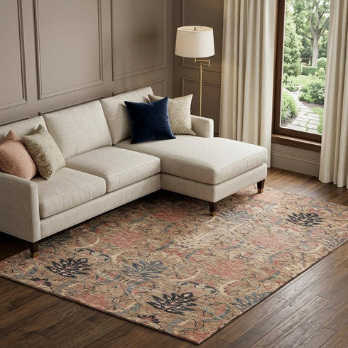 8' X 10' Khaki Gray And Salmon Damask Washable Area Rug With UV Protection