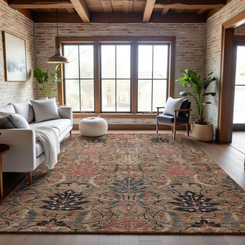 8' X 10' Khaki Gray And Salmon Damask Washable Area Rug With UV Protection