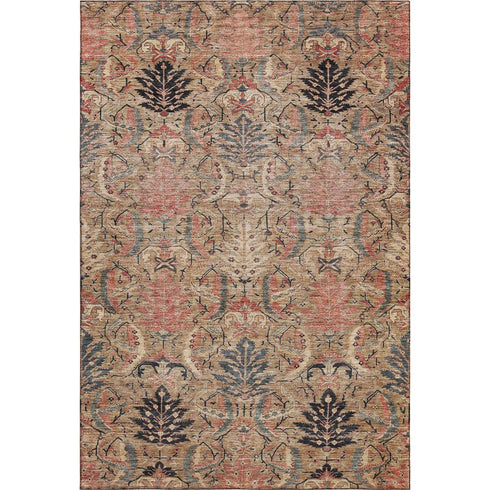 8' X 10' Khaki Gray And Salmon Damask Washable Area Rug With UV Protection
