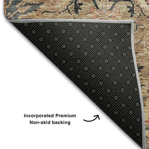 8' X 10' Khaki Gray And Salmon Damask Washable Area Rug With UV Protection