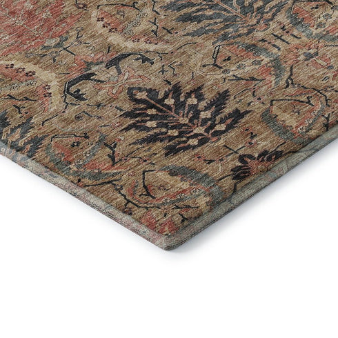 8' X 10' Khaki Gray And Salmon Damask Washable Area Rug With UV Protection