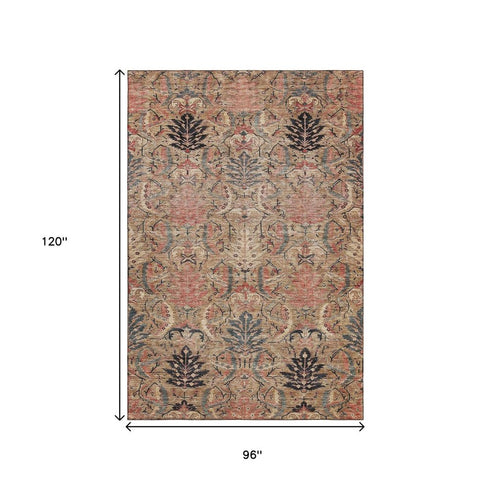 8' X 10' Khaki Gray And Salmon Damask Washable Area Rug With UV Protection