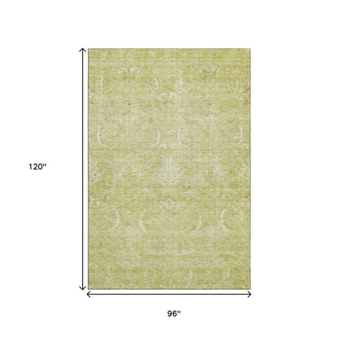 8' X 10' Artichoke Green And Ivory Damask Washable Area Rug With UV Protection