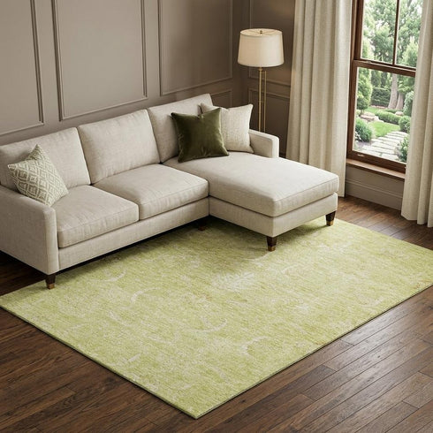 8' X 10' Artichoke Green And Ivory Damask Washable Area Rug With UV Protection