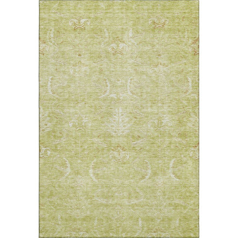 8' X 10' Artichoke Green And Ivory Damask Washable Area Rug With UV Protection