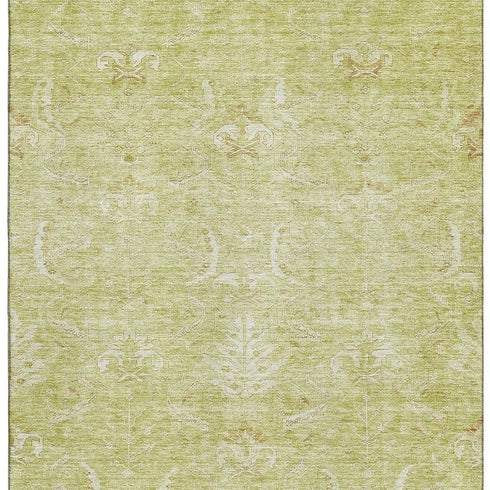 8' X 10' Artichoke Green And Ivory Damask Washable Area Rug With UV Protection