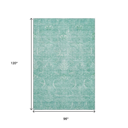 8' X 10' Aqua And Ivory Damask Washable Area Rug With UV Protection