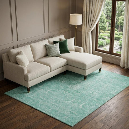 8' X 10' Aqua And Ivory Damask Washable Area Rug With UV Protection