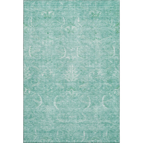 8' X 10' Aqua And Ivory Damask Washable Area Rug With UV Protection