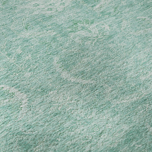 8' X 10' Aqua And Ivory Damask Washable Area Rug With UV Protection