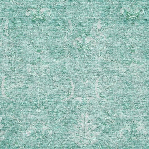 8' X 10' Aqua And Ivory Damask Washable Area Rug With UV Protection