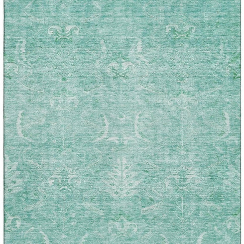 8' X 10' Aqua And Ivory Damask Washable Area Rug With UV Protection