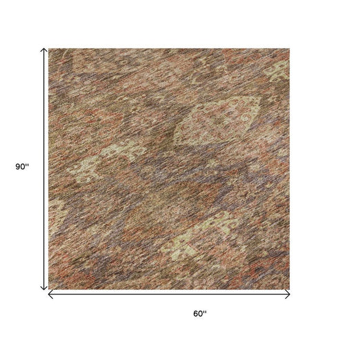 5' X 8' Brown And Beige Damask Washable Area Rug With UV Protection