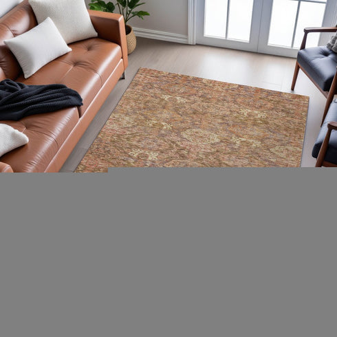 9' X 12' Brown And Beige Damask Washable Area Rug With UV Protection