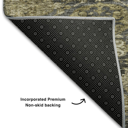 5' X 8' Charcoal And Gray Damask Washable Area Rug With UV Protection