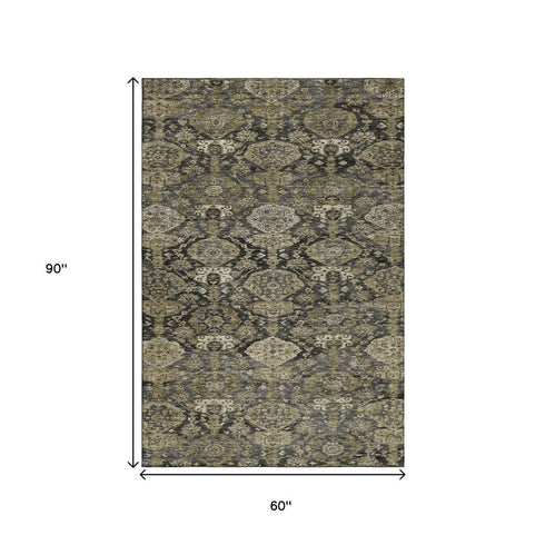 5' X 8' Charcoal And Gray Damask Washable Area Rug With UV Protection