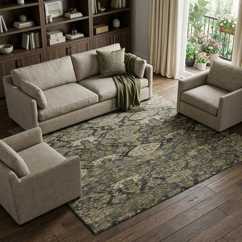 8' X 10' Charcoal And Gray Damask Washable Area Rug With UV Protection