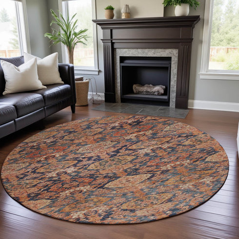 8' Terra Cotta And Blue Damask Washable Round Rug With UV Protection