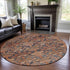 8' Terra Cotta And Blue Damask Washable Round Rug With UV Protection
