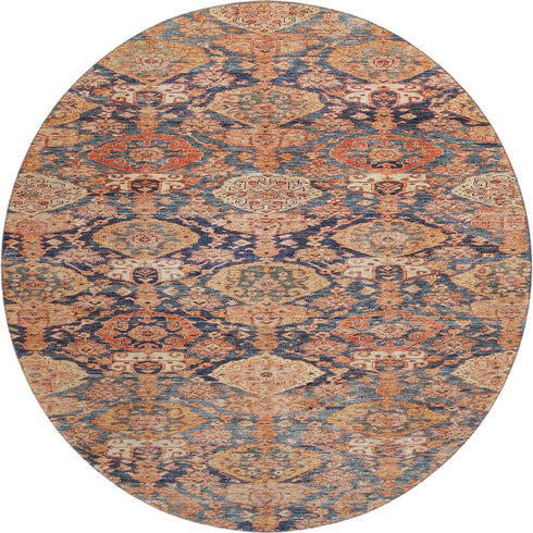 8' Terra Cotta And Blue Damask Washable Round Rug With UV Protection