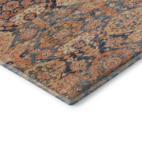 8' Terra Cotta And Blue Damask Washable Round Rug With UV Protection